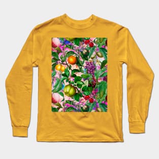 Vibrant tropical floral leaves and fruits floral illustration, botanical pattern, Pink fruit pattern over a Long Sleeve T-Shirt